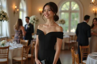 Femme en robe noire élégante lors d'une réception de mariage