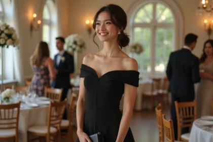 Femme en robe noire élégante lors d'une réception de mariage
