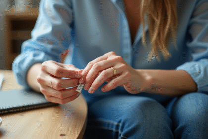 Femme mesurant sa bague avec un ruban à la maison