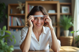 Femme souriante mesurant sa tête avec un ruban tissu