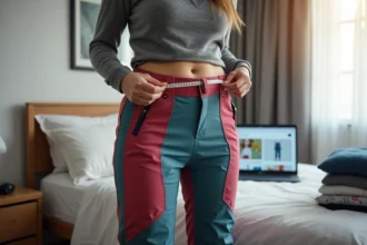 Femme en intérieur mesurant sa taille avec un mètre de couture