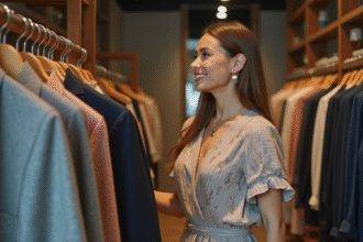 Femme élégante examine des vêtements dans une boutique moderne