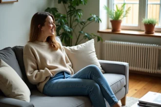 Femme élégante en jean et pull dans un salon moderne
