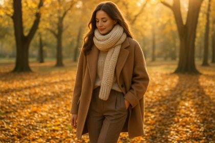 Femme élégante en manteau camel dans un parc automnal