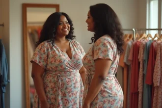 Femme aux formes rondes essayant une robe bien ajustée dans une cabine d'essayage, souriante et confiante face au miroir