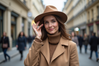 Femme élégante en manteau beige et fedora dans Paris