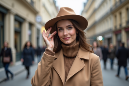 Femme élégante en manteau beige et fedora dans Paris