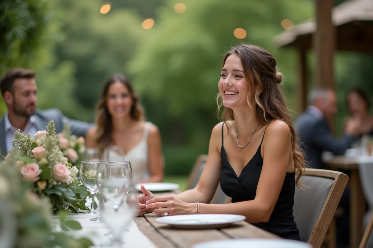 Jeune femme riant à une table de mariage en plein air