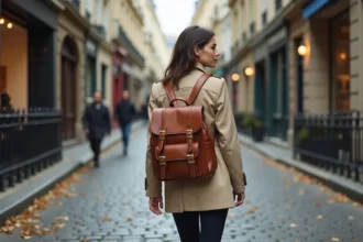 Femme portant un sac à dos en cuir marron cognac dans une rue parisienne pavée en automne