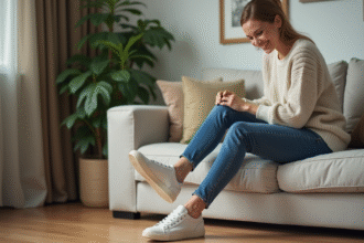 Femme assise sur un canapé en train de mettre des sneakers confortables