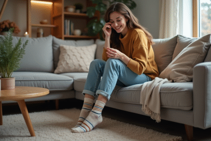 Jeune femme détendue ajustant ses chaussettes dans un salon cosy
