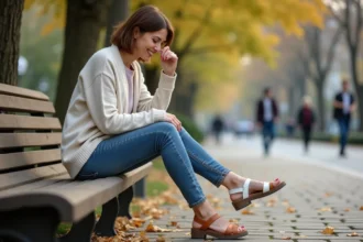 Femme assise dans un parc en ville essayant des sandales stylées