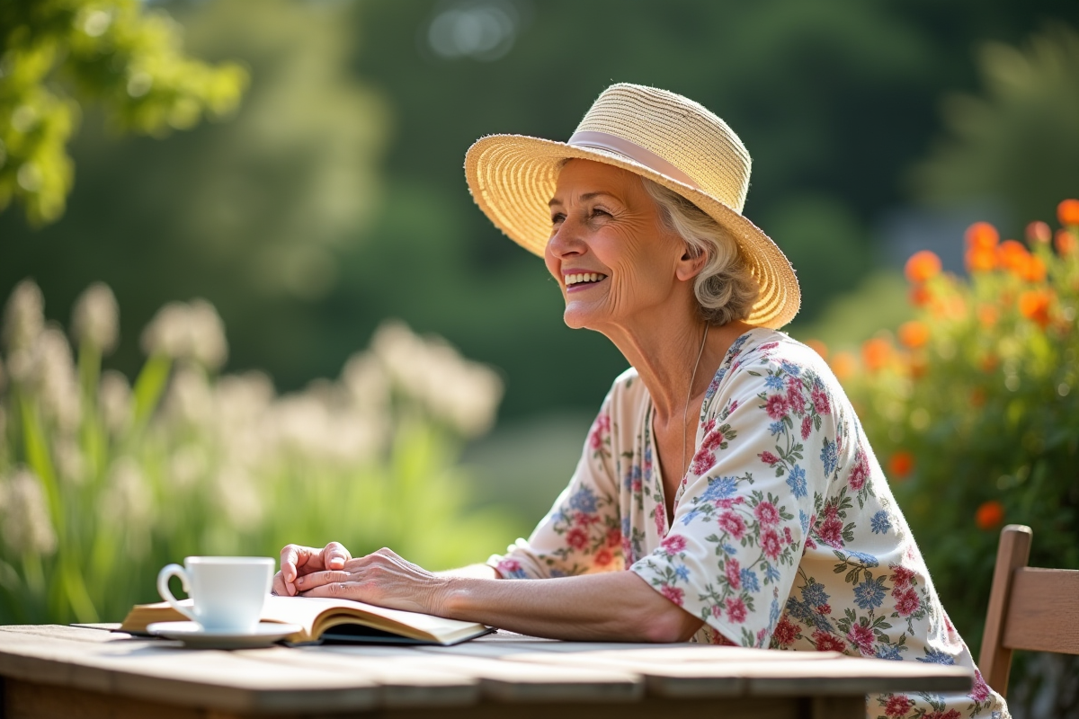 Sage dans un jardin en été avec chapeau en coton