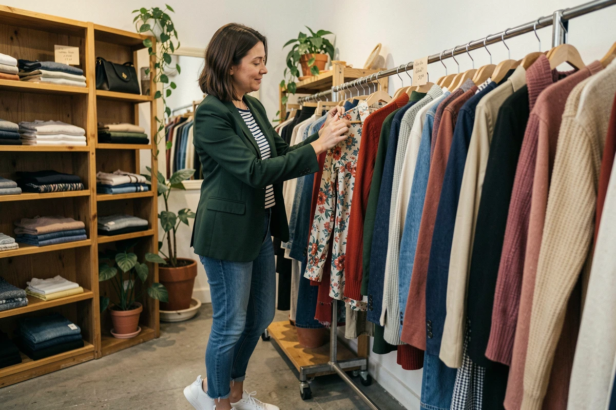 Femme élégante en blazer vert feuilletant des vêtements dans une boutique concept store parisienne indépendante, illustration d'un univers mode authentique et inspirant