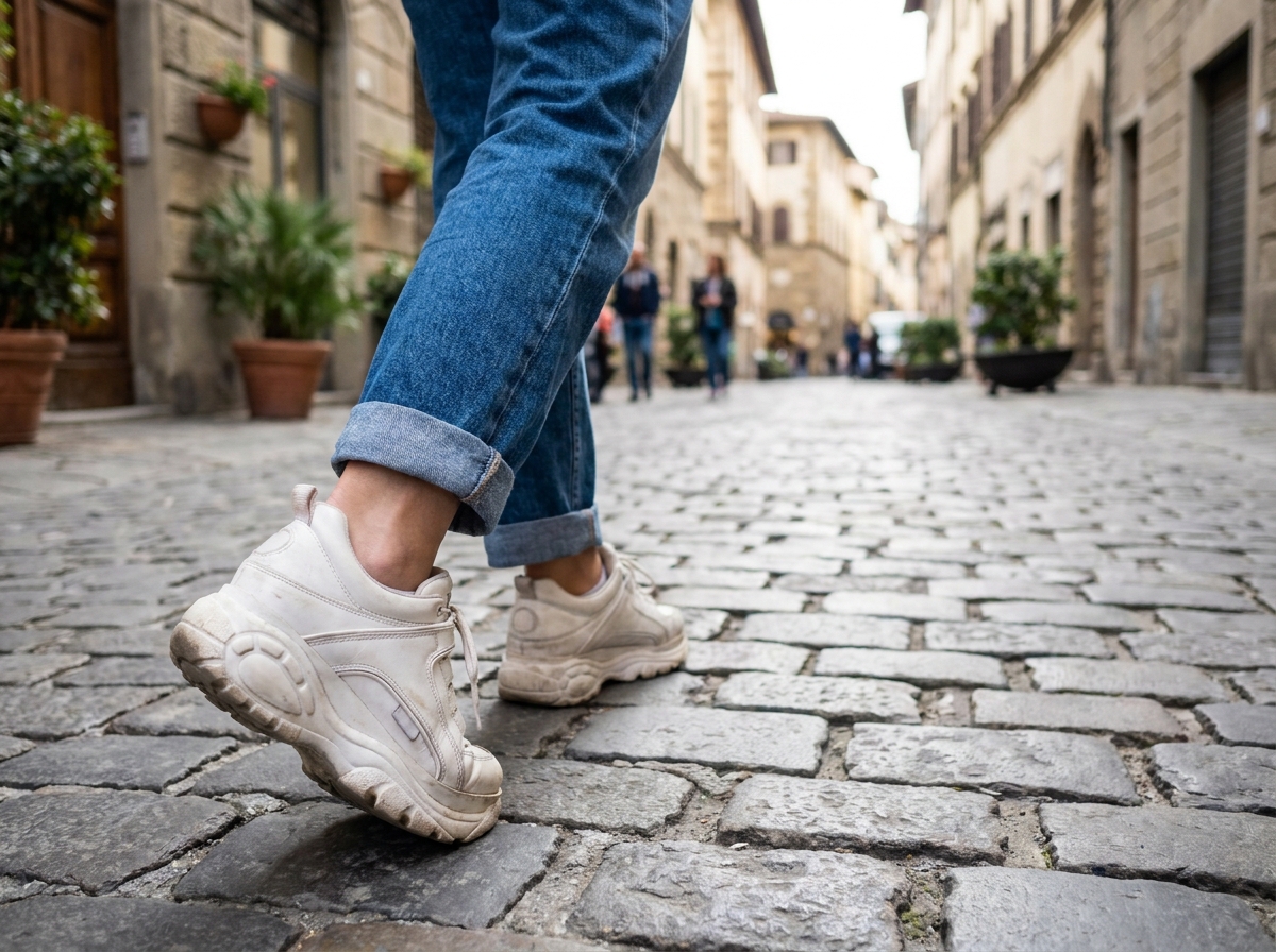 Femme portant des sneakers larges blanches sur des pavés urbains, idéales pour les grands pieds