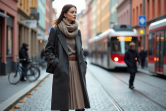 Jeune femme élégante dans la rue de Stockholm en automne