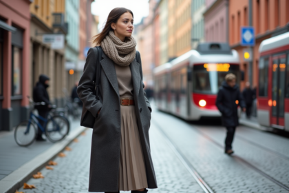 Jeune femme élégante dans la rue de Stockholm en automne
