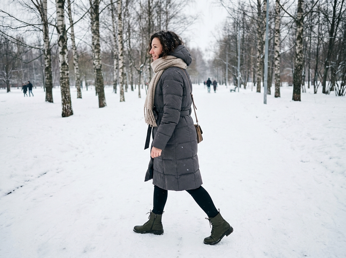 Femme en manteau puffer charcoal ceinturé, legging noir et bottines combat kaki marchant dans un parc enneigé en hiver