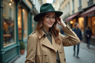 Femme élégante en trench beige et fedora vert dans la ville