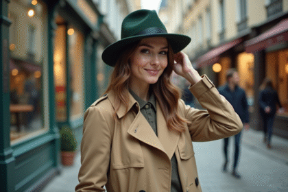 Femme élégante en trench beige et fedora vert dans la ville