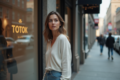 Femme réfléchie regardant une vitrine urbaine
