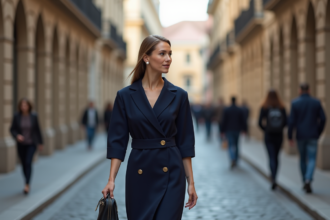 Femme élégante marchant dans une rue historique de la ville