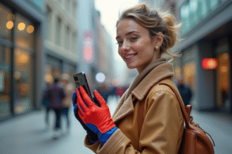 Jeune femme urbaine portant un gant coloré en ville