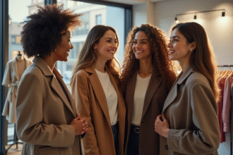 Trois femmes portant des manteaux tendance dans une boutique lumineuse