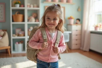 Fille de 6 ans ajustant son sac à dos dans sa chambre
