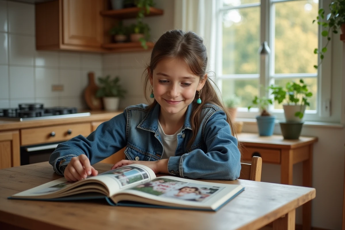 Adolescente française souriante feuilletant un album photo dans la cuisine