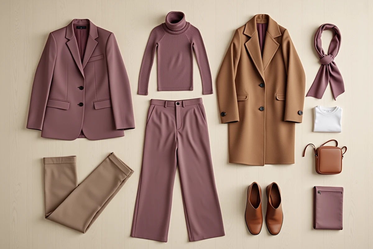 Flat lay d'une garde-robe capsule complète autour du mauve poudré tendance 2026 avec pièces neutres complémentaires sur fond chêne clair