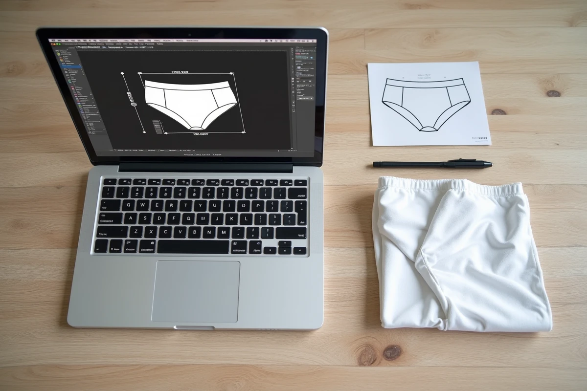 Vue aérienne d'un espace de travail avec logiciel de design, gabarit de boxer et épreuve papier pour personnalisation