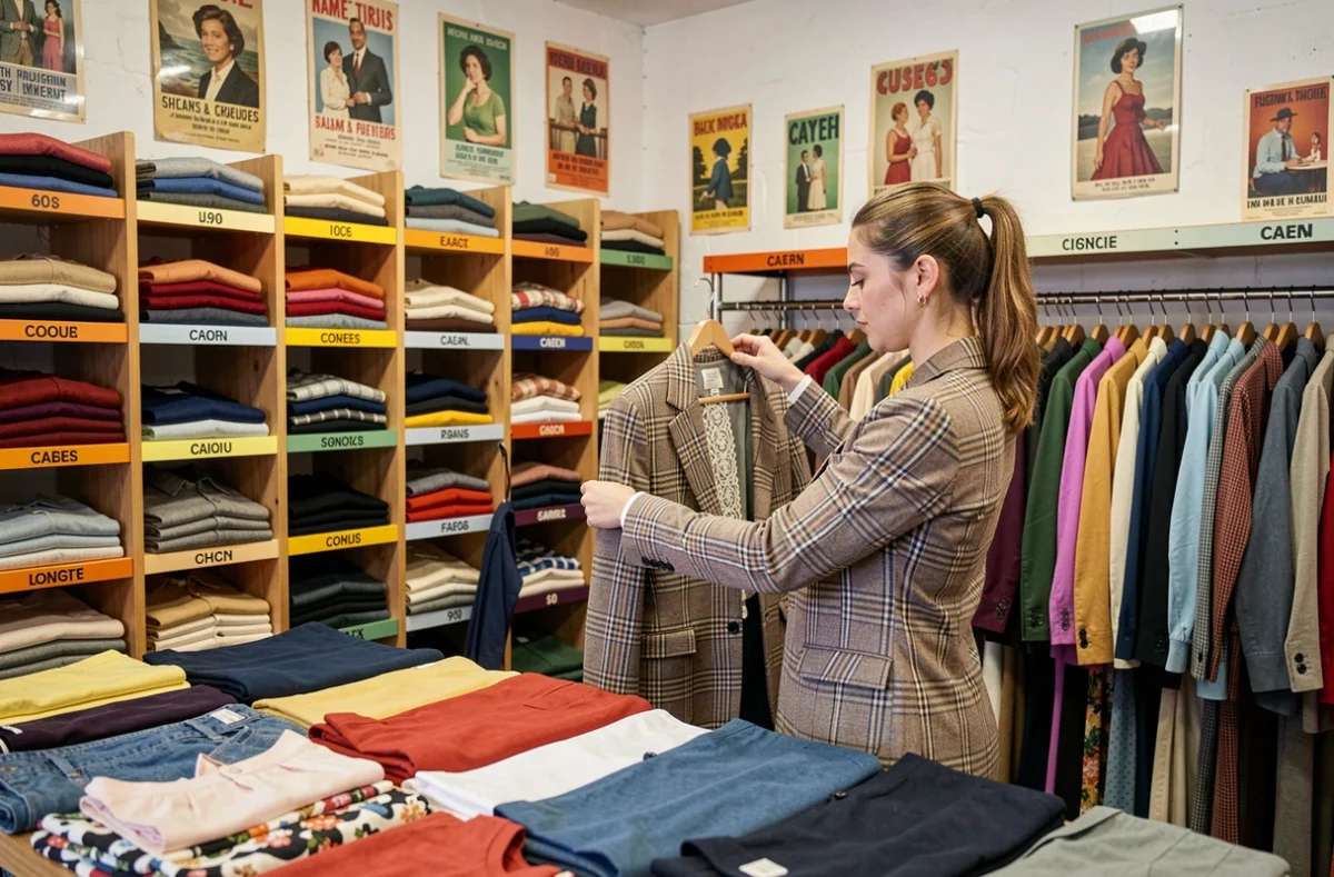 Fripe à la mode de Caen, vêtements vintage bien triés sur des portants organisés par couleur et époque