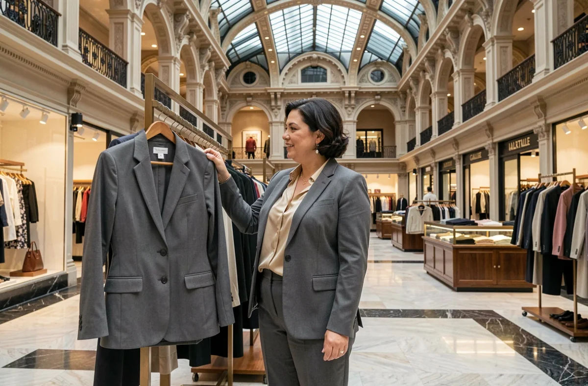 Une femme grande taille élégante fait du shopping au rayon mode des Galeries Lafayette de Bordeaux