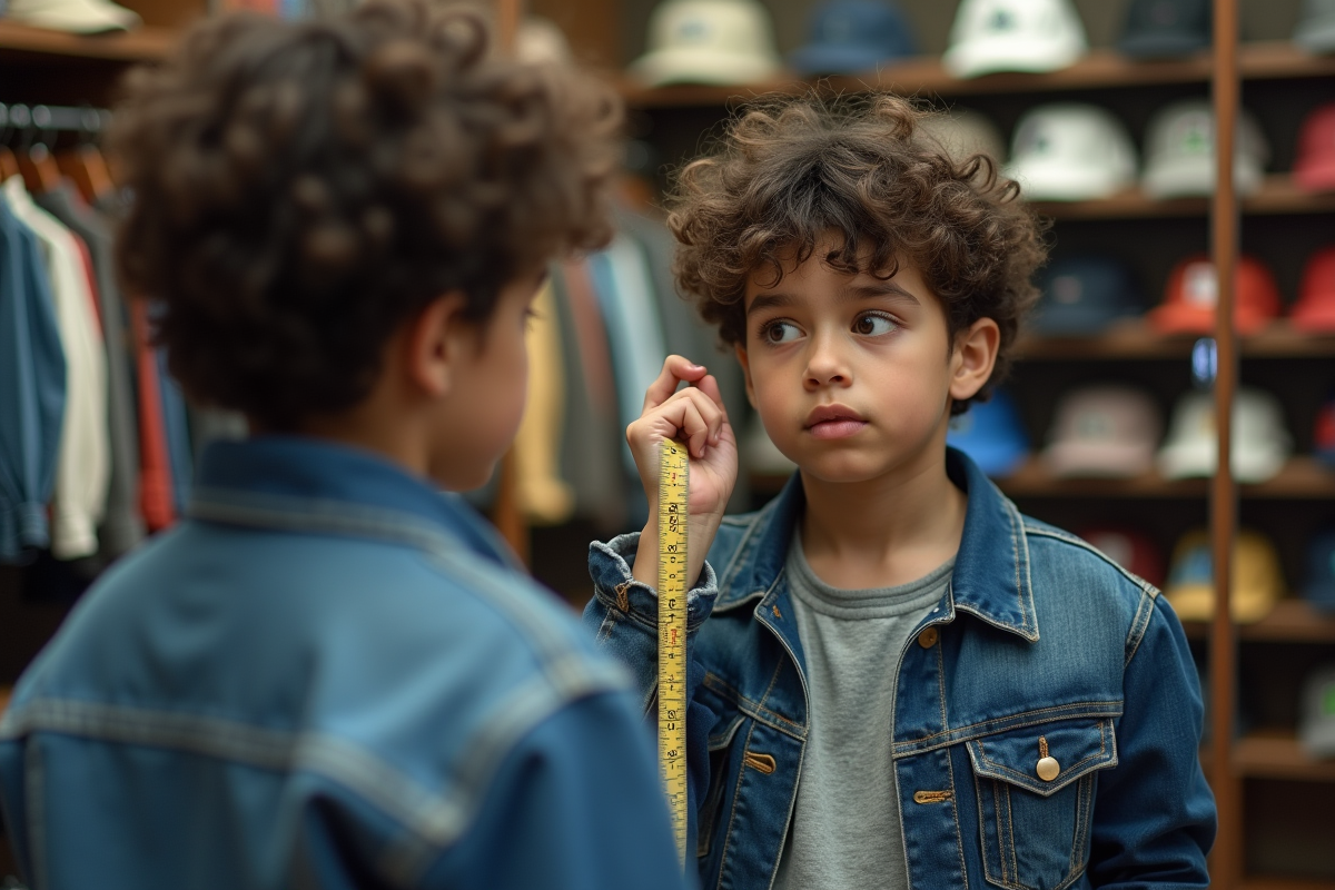 Garçon regardant son reflet avec un ruban de couture en magasin