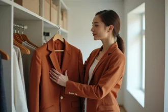 Femme tenant un blazer terracotta face à une garde-robe capsule minimaliste de vêtements neutres dans un dressing épuré