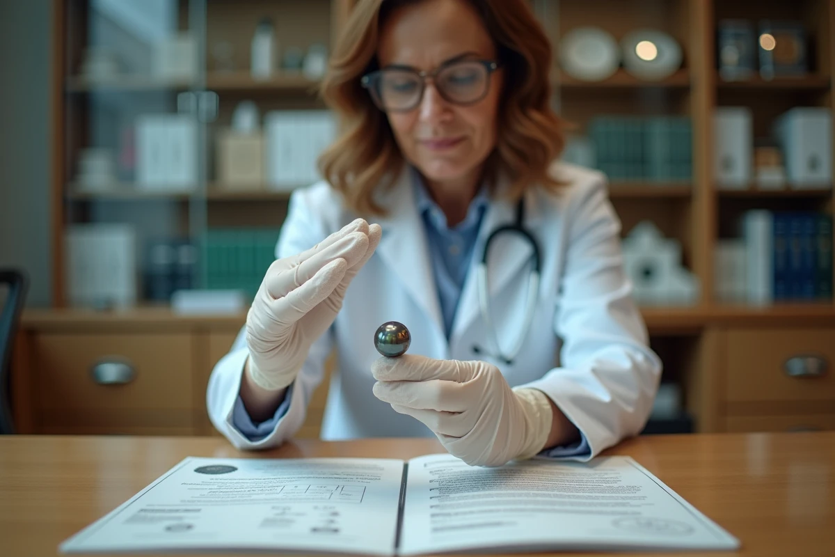 Gemmologue experte examinant une perle de Tahiti certifiée au-dessus d'un document officiel dans un laboratoire gemmologique professionnel