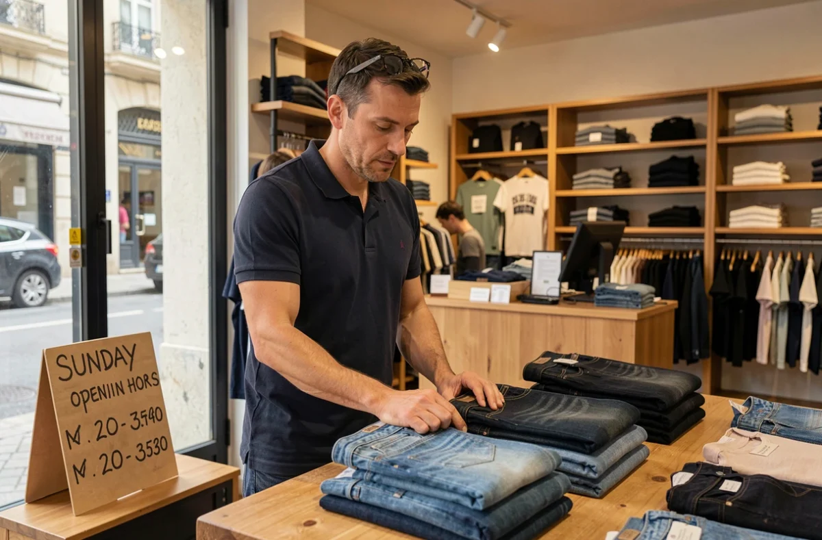 Gérant arrangeant des vêtements dans un magasin de Marseille ouvert le dimanche