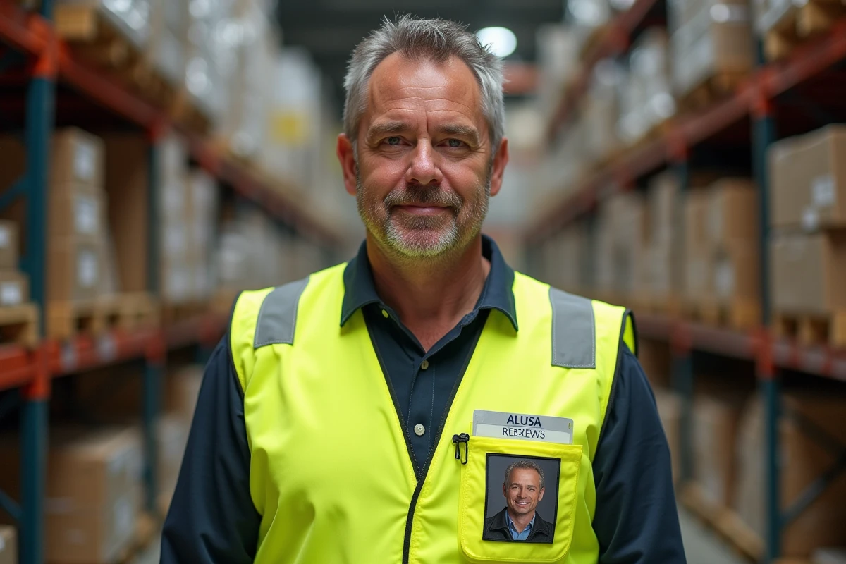 Homme en gilet jaune personnalisé avec logo d'entreprise et photo imprimée dans un entrepôt
