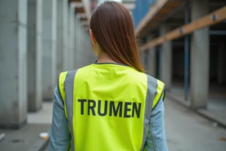Femme portant un gilet jaune personnalisé avec texte imprimé dans le dos sur un chantier urbain