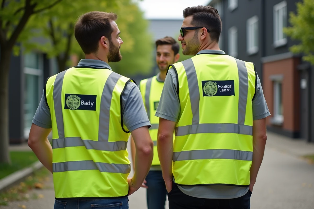 Groupe de collègues portant des gilets jaunes personnalisés avec noms et emblème d'équipe imprimés