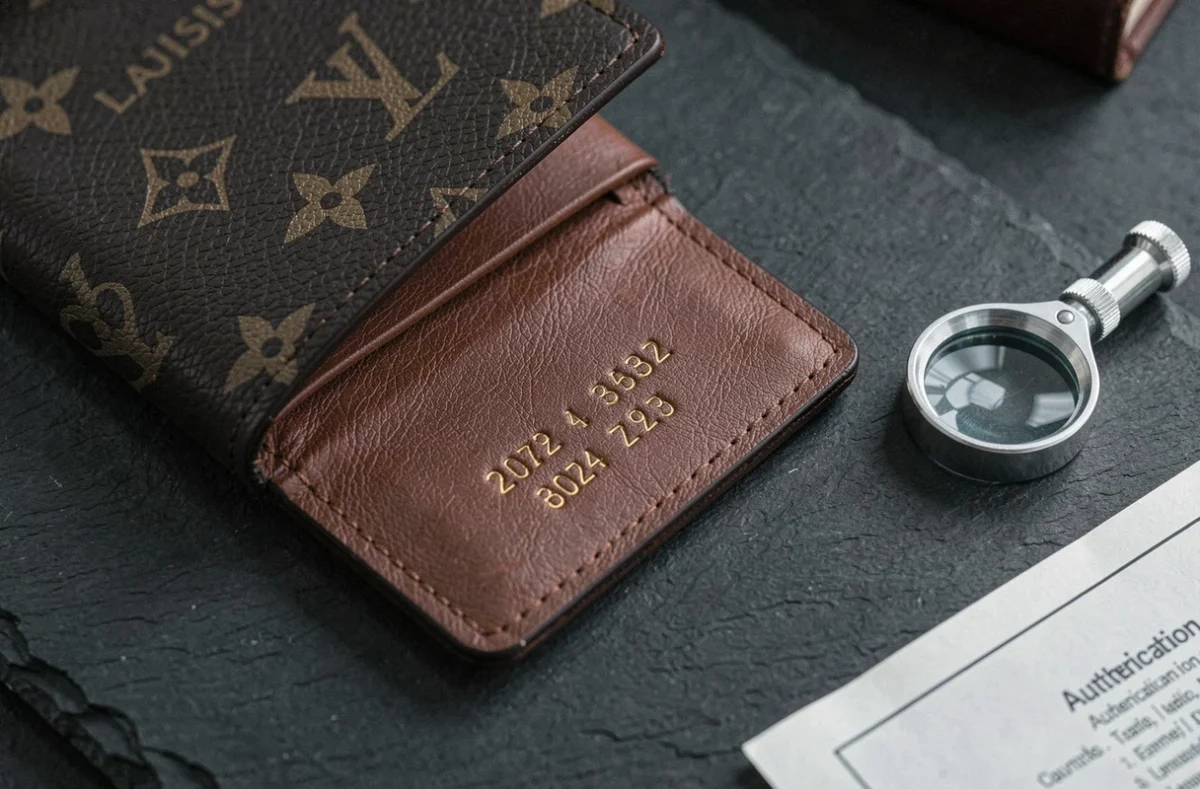 Gros plan sur le numéro de série et le date code d'un article Louis Vuitton authentique lors d'une expertise en contrefaçon