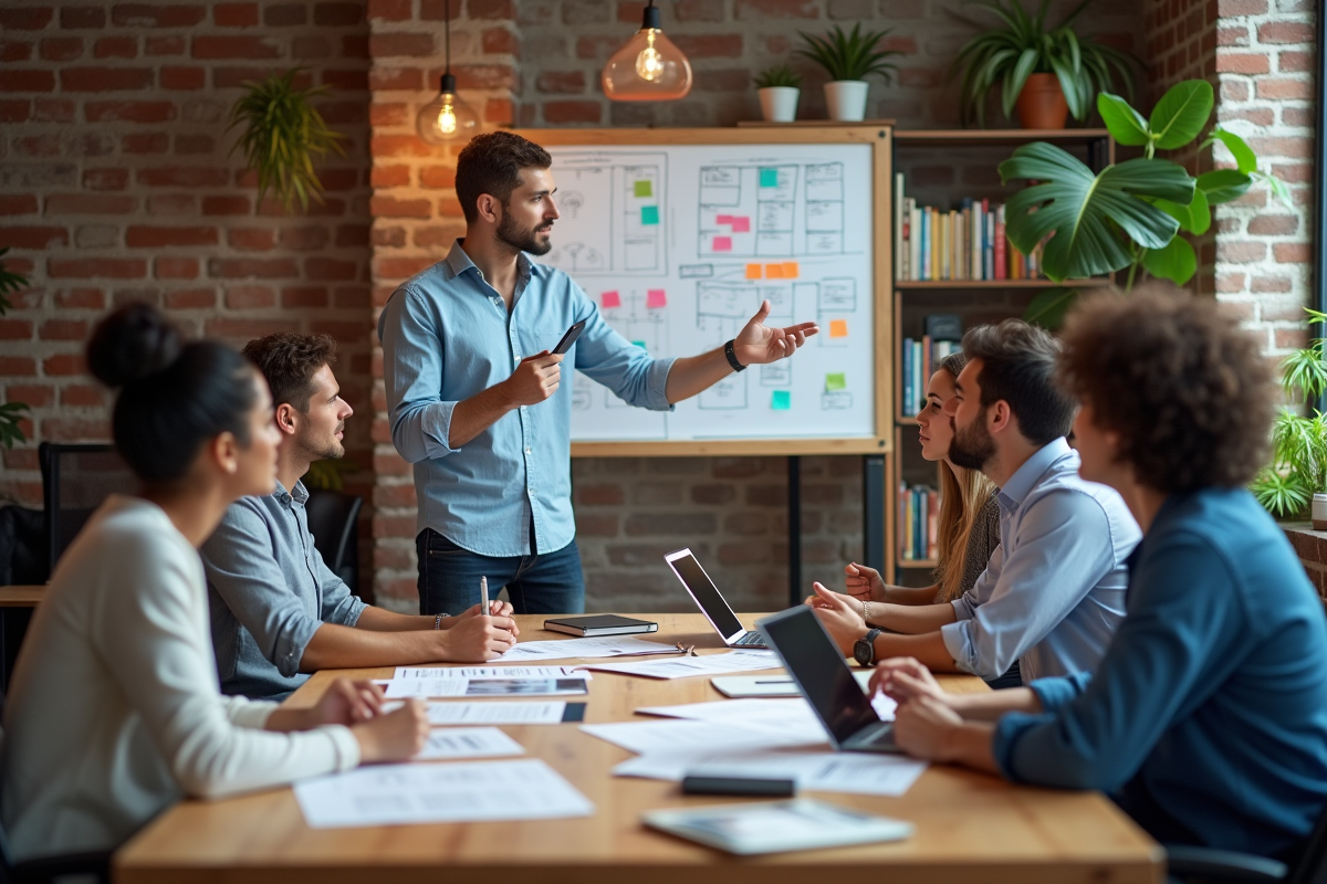 Groupe de professionnels en brainstorming dans un espace de coworking