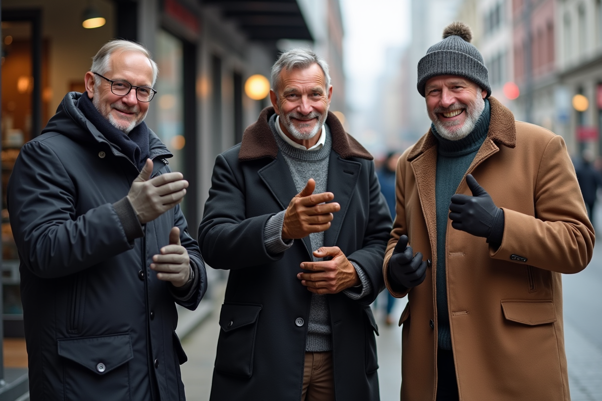 Trois hommes avec gants comparant leur taille en extérieur