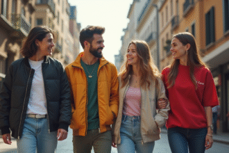 Groupe de jeunes adultes souriants dans une rue urbaine tendance