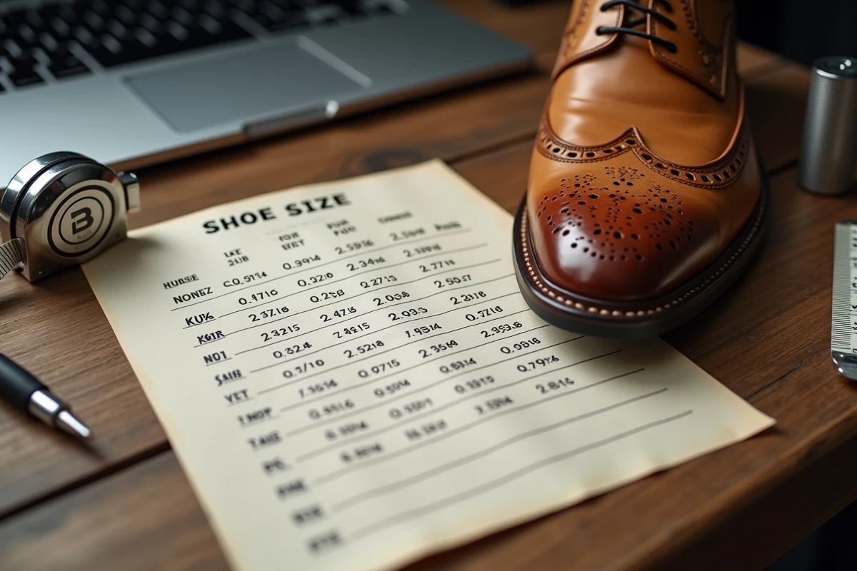 Guide de conversion des tailles de chaussures UK avec chaussure en cuir et mètre ruban sur bureau en bois
