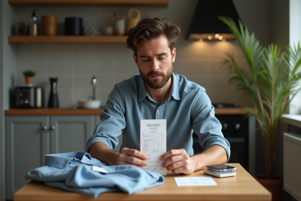 Homme analysant un reçu dans une cuisine domestique