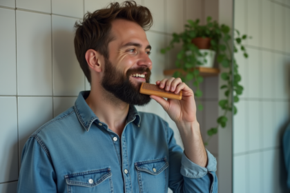 Homme barbu en denim se coiffant dans une salle de bain moderne