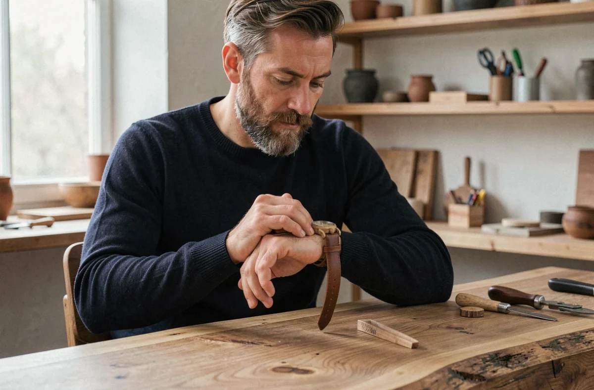 Homme barbu en pull marine examinant une montre en bambou et cuir dans un atelier bois artisanal