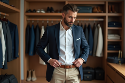 Homme en blazer ajusté et ceinture en cuir marron